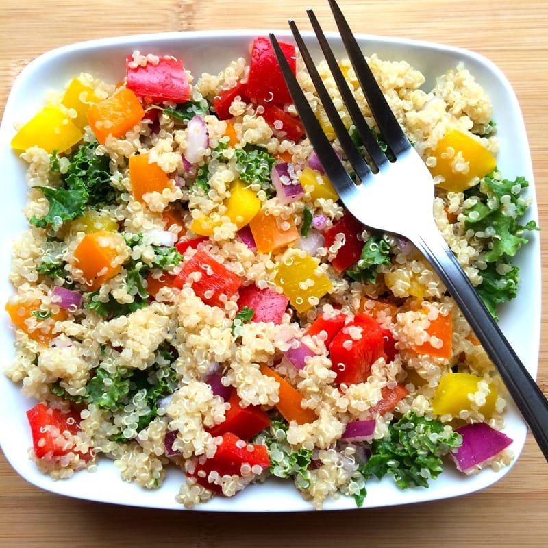 This Rainbow Quinoa Salad is bursting with flavor and nutrition! Super easy to make & the perfect lunch, dinner or side dish. Vegan, gluten-free, dairy-free, and oil-free.