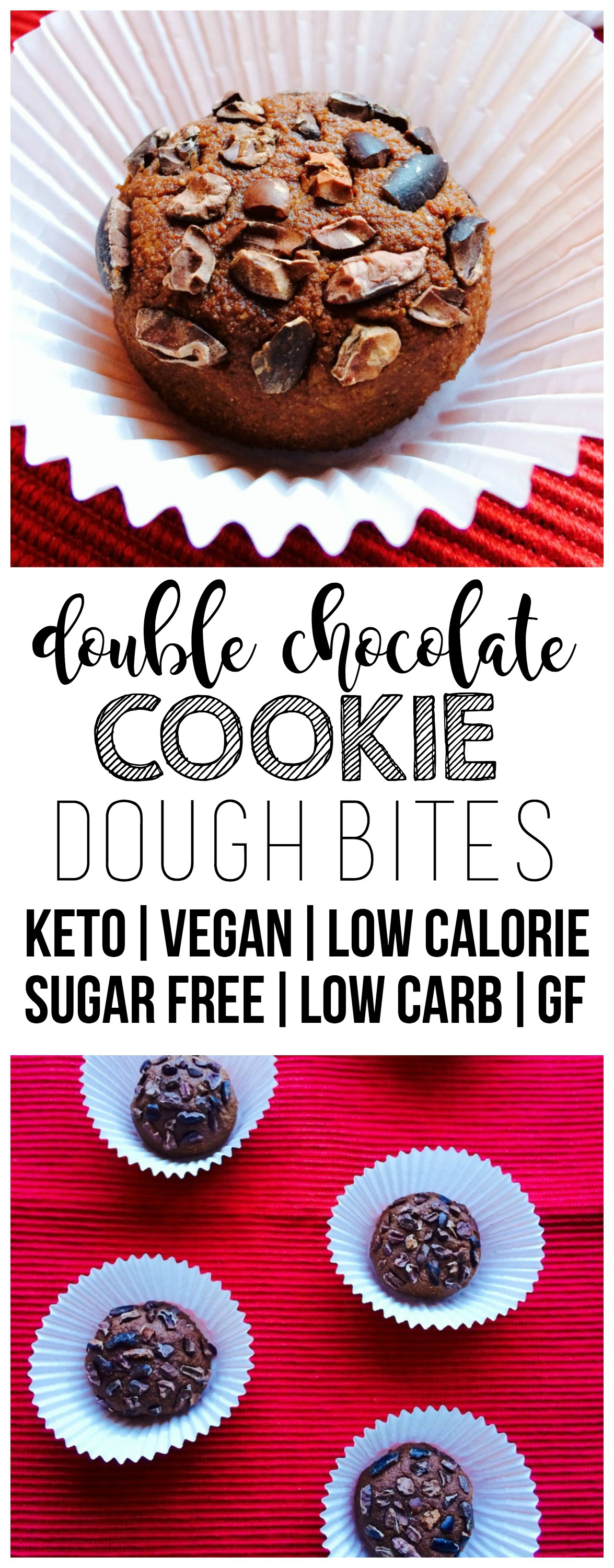 These Keto Double Chocolate Cookie Dough Bites are the perfect, guilt-free treat! Vegan, gluten-free, sugar-free, low-carb, oil-free, paleo, and low-calorie - only 72 calories each!