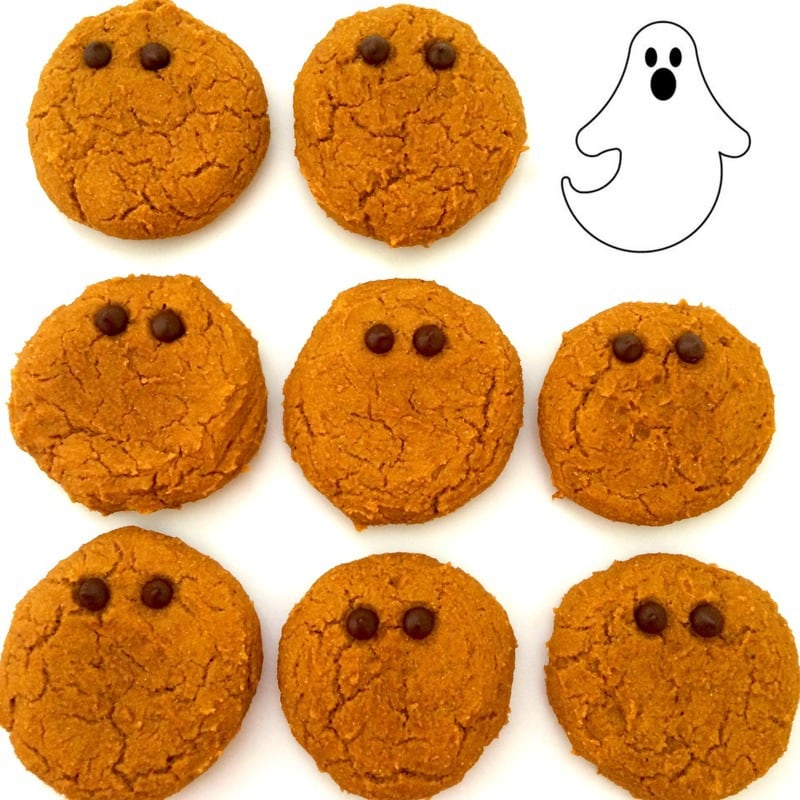 Pumpkin Ghost Cookies! A healthy and festive sweet treat for Halloween. Only 48 calories each! (Sugar-Free, Low-Carb, Vegan, Oil-Free, Low-Calorie)