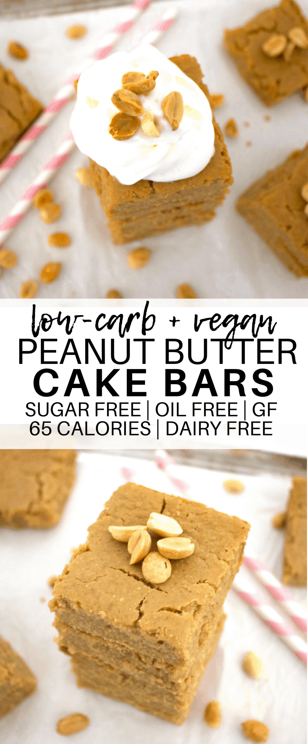 These AMAZING Vegan Peanut Butter Cake Bars taste like a sinfully delicious treat, but they're actually super healthy for you! Only 66 calories each, gluten-free, sugar-free, oil-free, and low-carb.