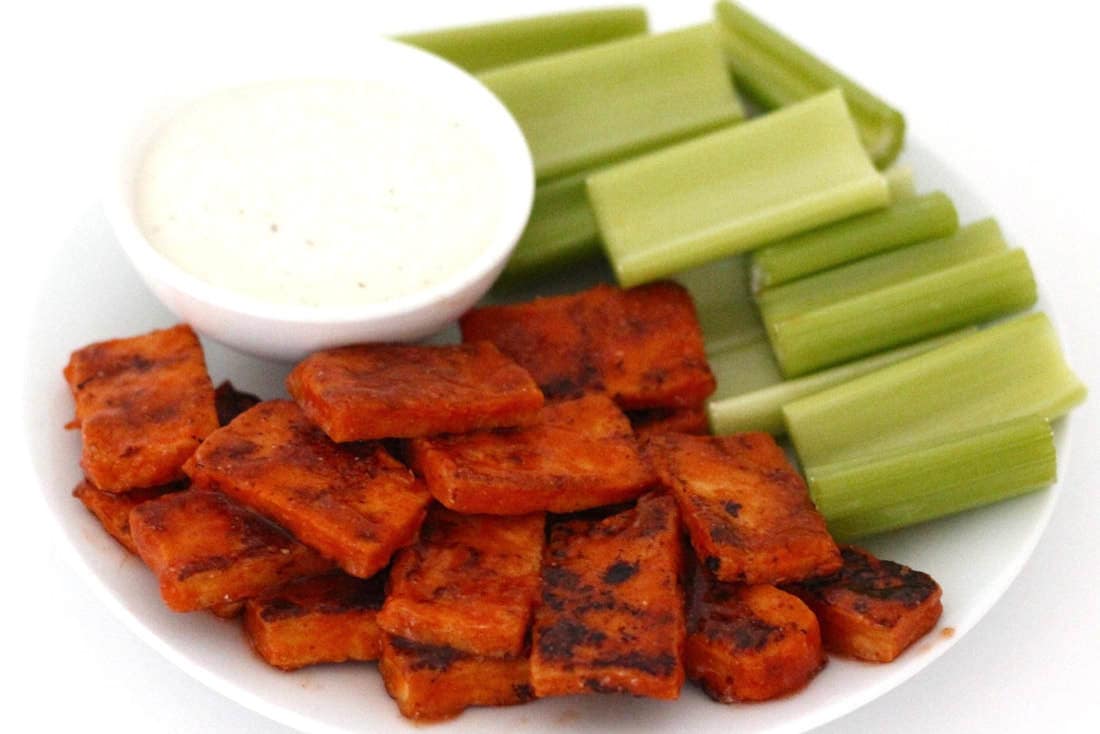 These skinny & oil-free Buffalo Tofu Wings are so delicious! The perfect party appetizer or Super Bowl snack. Low-fat, low-carb, keto, low-calorie, vegan, and gluten-free!