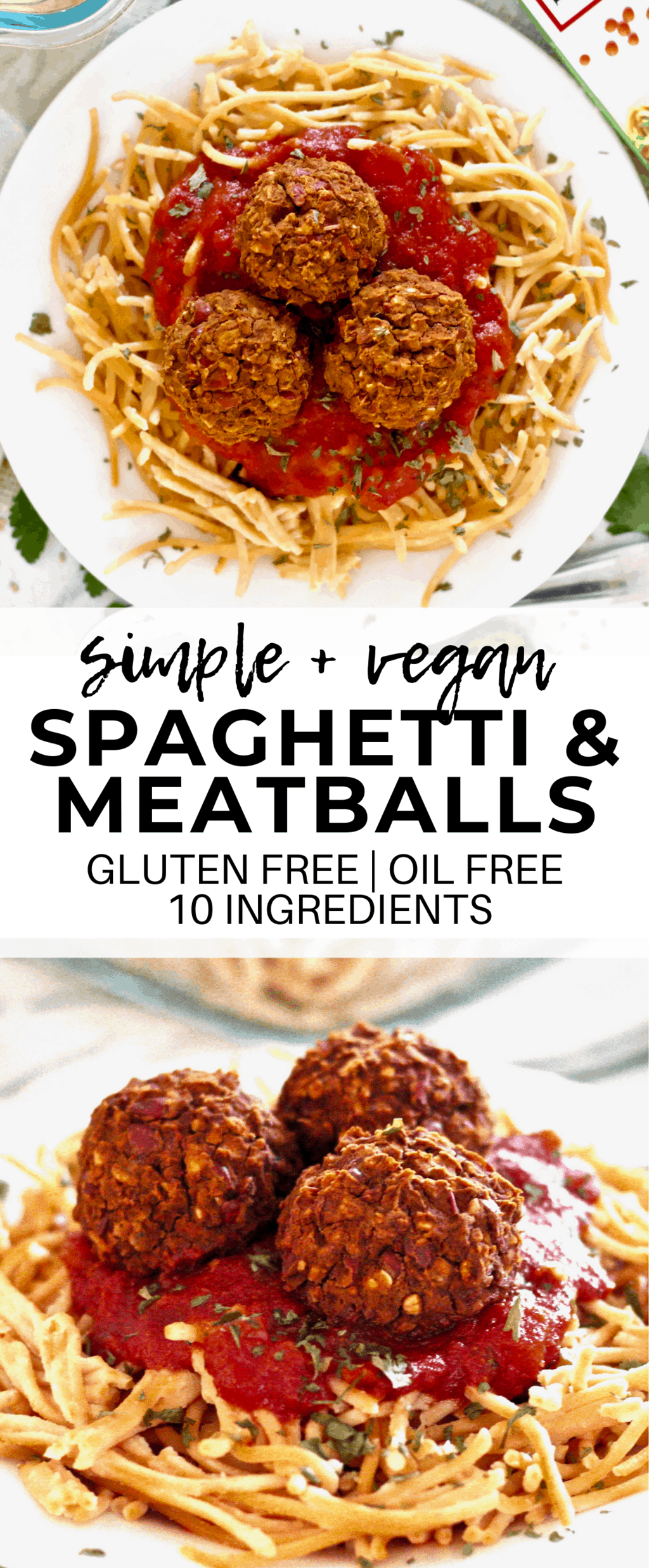 These simple Vegan Spaghetti and Meatballs are the ultimate comfort food! They are so easy to make with only 10 simple ingredients. Loaded with fiber and protein and also gluten-free, dairy-free, low-fat, and oil-free!